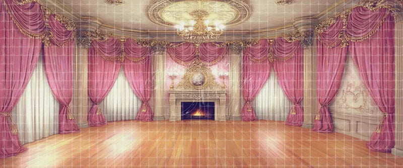 Pink Royal Ballroom with Mauve Curtains and Fireplace Elegant Ballet Performance digital stage backdrop for musical theatre, ballet, dance recitals, school productions, projection, LED screens, and local printing.