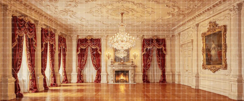Ornate Cream Palace Salon with Red Velvet Curtains Chandelier and Fireplace Period Drama digital stage backdrop for musical theatre, ballet, dance recitals, school productions, projection, LED screens, and local printing.