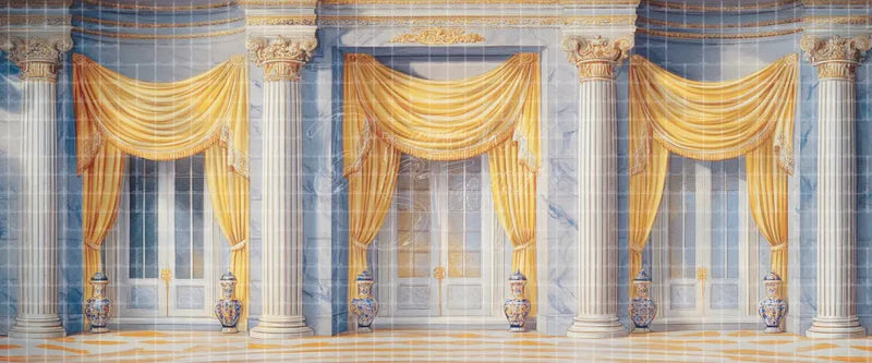 Blue Marble Ballroom with Gold Drapes Classical Columns and Porcelain Vases Royal Palace digital stage backdrop for musical theatre, ballet, dance recitals, school productions, projection, LED screens, and local printing.
