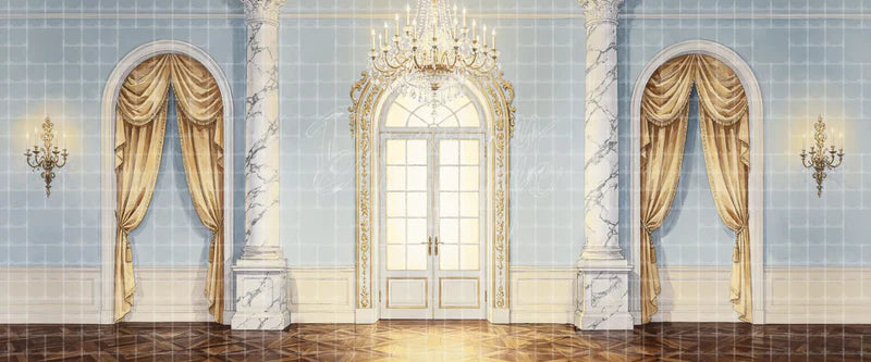 Elegant Neoclassical Palace Hall with Beige Curtains Marble Columns and Crystal Chandelier Musical digital stage backdrop for musical theatre, ballet, dance recitals, school productions, projection, LED screens, and local printing.