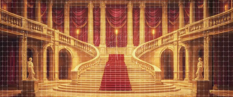 Golden Double Staircase with Red Carpet Drapes and Statues Grand Royal Palace Musical digital stage backdrop for musical theatre, ballet, dance recitals, school productions, projection, LED screens, and local printing.