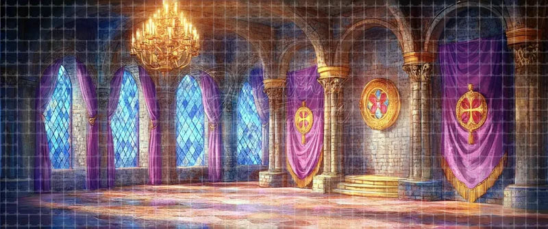Medieval Gothic Great Hall with Purple Banners Stained Glass Windows and Chandelier Castle digital stage backdrop for musical theatre, school productions, community theatre, projection, LED screens, and local printing.