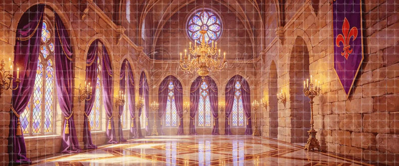 Royal Medieval Castle Hall with Fleur-de-Lis Banner Purple Drapes and Chandeliers Fantasy Musical digital stage backdrop for musical theatre, school productions, community theatre, projection, LED screens, and local printing.