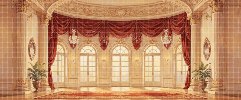 Cream and Gold Palace Ballroom with Red Velvet Drapes Arched Doors and Chandeliers Classical Ballet digital stage backdrop for musical theatre, ballet, dance recitals, school productions, projection, LED screens, and local printing.