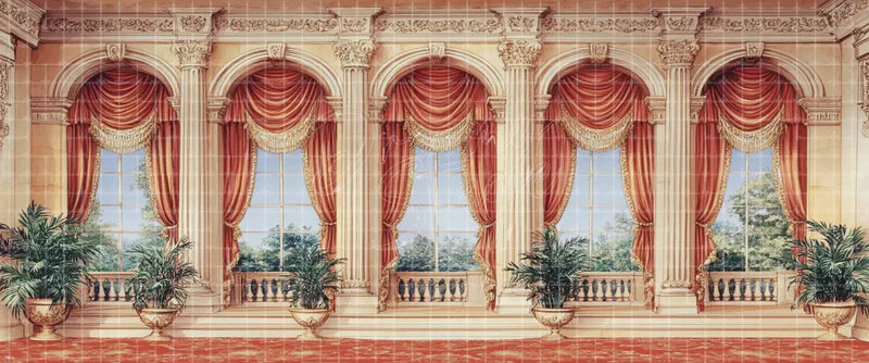 Grand Neoclassical Gallery with Red Curtains Arched Windows and Potted Palms Period Theatre digital stage backdrop for musical theatre, school productions, community theatre, projection, LED screens, and local printing.