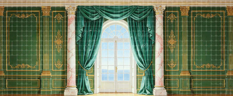 Emerald Green Palace Salon with Velvet Curtains Marble Columns and French Doors Luxury digital stage backdrop for musical theatre, ballet, dance recitals, school productions, projection, LED screens, and local printing.