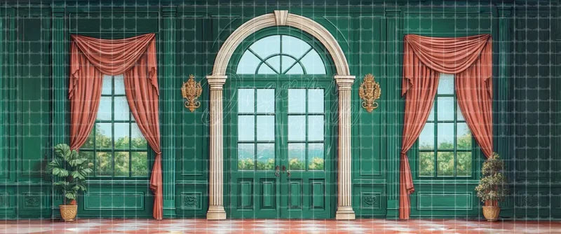 Dark Green Manor Hall with Rose Curtains Arched Door and Garden Windows Period Drama digital stage backdrop for musical theatre, school productions, community theatre, projection, LED screens, and local printing.