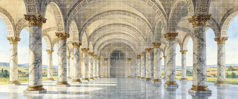 White Marble Colonnade Gallery with Open Arches and Countryside View Classical digital stage backdrop for musical theatre, ballet, dance recitals, school productions, projection, LED screens, and local printing.