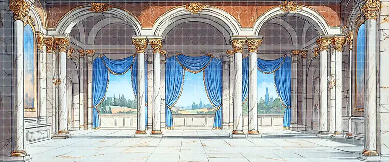 Gray Marble Palace Gallery with Blue Curtains Arched Windows and Country Landscape Opera digital stage backdrop for musical theatre, ballet, dance recitals, school productions, projection, LED screens, and local printing.