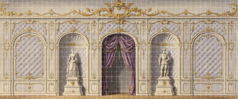 Ivory Rococo Palace Wall with Purple Draped Doorway Classical Statues and Gold Ornament digital stage backdrop for musical theatre, ballet, dance recitals, school productions, projection, LED screens, and local printing.