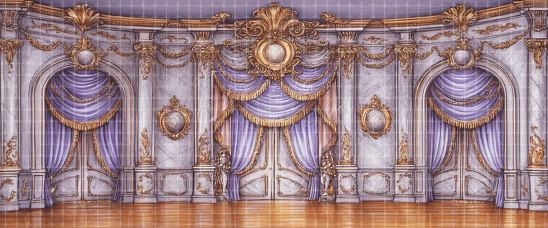 Lavender Rococo Salon with Purple Curtains Ornate Gold Frames and Polished Floor Ballet Recital Backdrop digital stage backdrop for musical theatre, ballet, dance recitals, school productions, projection, LED screens, and local printing.