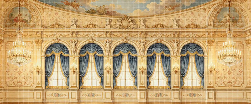 Grand Cream and Gold Ballroom with Blue Drapes Crystal Chandeliers and Floral Ornament Royal Musical digital stage backdrop for musical theatre, ballet, dance recitals, school productions, projection, LED screens, and local printing.