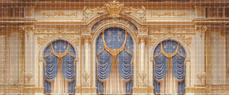 Ornate Gold Palace Hall with Blue Velvet Curtains Arched Alcoves and Crystal Candelabras Classical digital stage backdrop for musical theatre, ballet, dance recitals, school productions, projection, LED screens, and local printing.