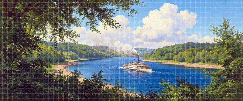 Scenic river valley digital stage backdrop featuring a vintage steamboat, forested hills, blue water, and summer clouds for Show Boat, Big River, school musicals, projection, LED screens, and local printing.