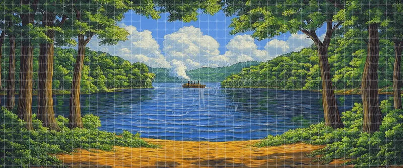 Green forest lake digital theatre background with tall trees, blue water, distant steamboat, and cloud-filled sky for musicals, dance recitals, projection, LED screens, and local printing.