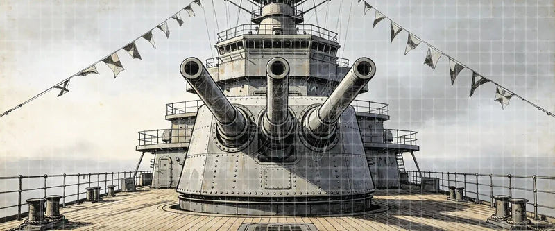 Vintage battleship deck digital stage backdrop with triple naval guns, steel turret, railings, and signal flags for South Pacific, Mister Roberts, historical theatre, projection, and LED screens.