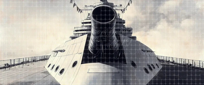 Front-view battleship digital theatre background featuring a giant naval cannon, armored bow, riveted steel hull, and open deck for wartime plays, projection, LED screens, and school theatre.