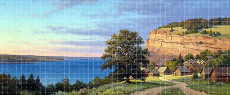 Lakeside village digital stage backdrop with rustic cabins, a rocky cliff, blue lake, green hills, and country road for The Sound of Music, Brigadoon, school theatre, and projection.