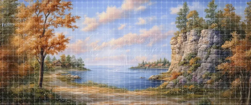 Autumn lakeshore digital theatre background with orange foliage, rustic cabins, rocky cliff, and calm blue water for seasonal plays, school musicals, dance recitals, projection, and LED screens.