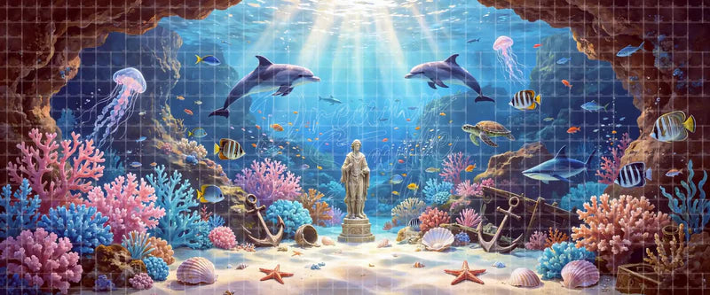 Colorful underwater grotto digital stage backdrop with dolphins, jellyfish, sea turtle, tropical fish, coral, anchors, shells, and statue for The Little Mermaid, Finding Nemo Jr., and dance recitals.