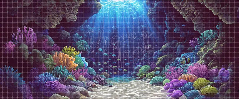 Deep ocean coral reef cave digital theatre background with tropical fish, sandy seafloor, blue light, and colorful reefs for The Little Mermaid, Finding Nemo Jr., projection, and LED screens.