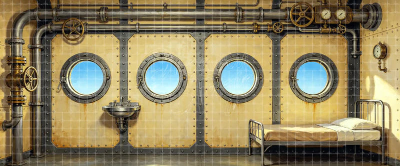 Industrial submarine cabin digital stage backdrop with portholes, exposed pipes, gauges, valves, sink, and metal bed for 20,000 Leagues Under the Sea, school theatre, projection, and LED screens.