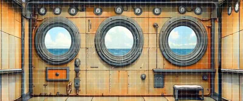 Vintage submarine interior digital theatre background with three ocean portholes, gauges, copper pipes, valves, and bench for adventure plays, school theatre, projection, and LED screens.