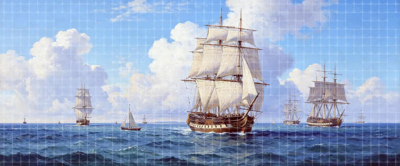 Historic sailing ship fleet digital stage backdrop with square-rigged tall ships, rolling ocean waves, and towering clouds for Peter Pan, Treasure Island, pirate musicals, projection, and LED screens.