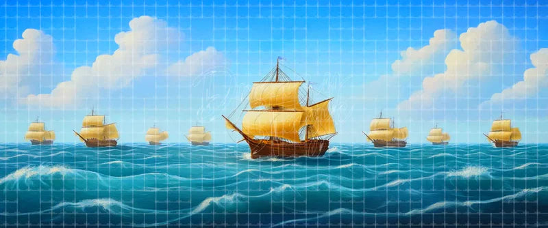 Golden sailboat fleet digital theatre background with stylized wooden ships, bright turquoise waves, blue sky, and white clouds for Moana, Peter Pan, youth theatre, dance recitals, and projection.
