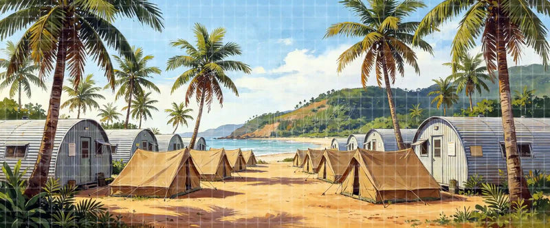 Tropical coastal military camp digital stage backdrop with canvas tents, Quonset huts, palm trees, sandy ground, and ocean bay for South Pacific, Mister Roberts, school theatre, and projection.
