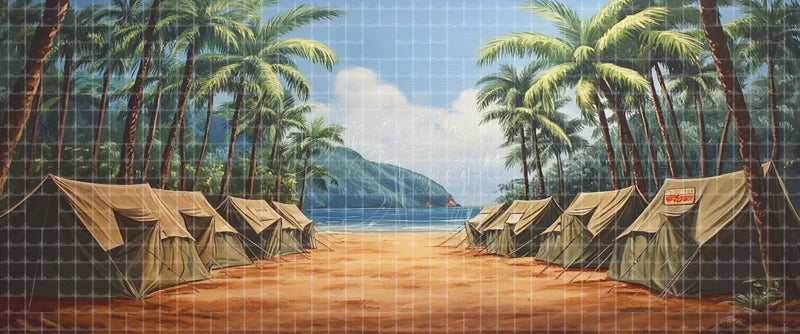 Palm beach expedition camp digital theatre background with rows of canvas tents, tropical palms, sandy ground, blue bay, and mountains for South Pacific, adventure plays, and stage projection.