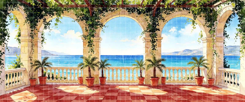 Ivy-covered Mediterranean seaside terrace digital stage backdrop with stone arches, potted palms, red tile, balustrade, and blue sea for Mamma Mia!, summer musicals, dance recitals, and projection.