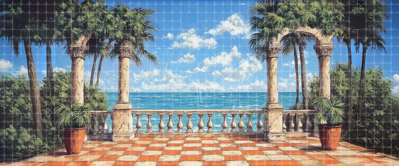Tropical ocean terrace digital theatre background with classical columns, archways, potted palms, checkerboard floor, and turquoise sea for Mamma Mia!, South Pacific, dance shows, and projection.