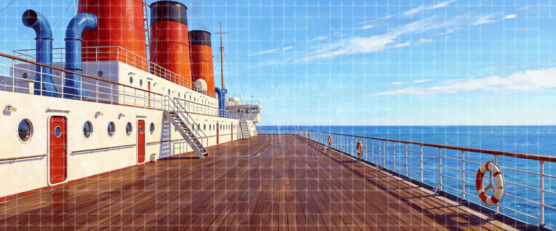 Vintage ocean liner promenade deck digital stage backdrop with red smokestacks, wood planks, portholes, stairs, railings, and lifebuoys for Anything Goes, Titanic, projection, and LED screens.
