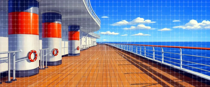 Sunny cruise ship deck digital theatre background with red-and-white funnels, wooden promenade, railings, lifebuoys, and open ocean for Anything Goes, travel musicals, projection, and LED screens.