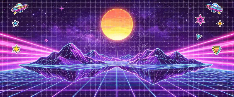 Retro synthwave digital stage backdrop with neon wireframe mountains, glowing orange sun, purple star field, laser horizon, and grid floor for concerts, dance recitals, projection, and LED screens.