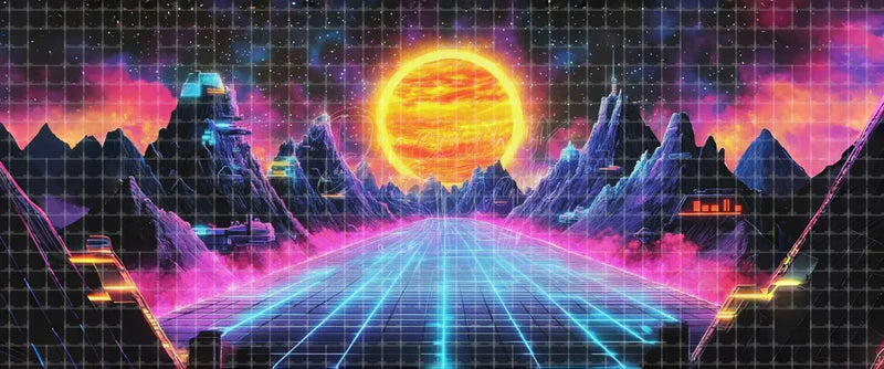 Futuristic cyberpunk neon highway digital theatre background with jagged mountains, glowing sun, pink mist, and blue grid road for sci-fi musicals, concerts, dance shows, projection, and LED screens.