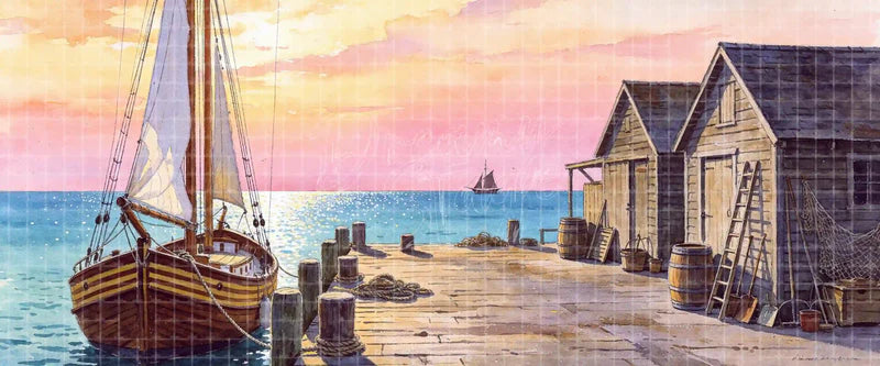 Sunset harbor dock digital stage backdrop with moored sailboat, fishing sheds, barrels, ropes, nets, and sparkling sea for Show Boat, Carousel, seaside musicals, projection, and LED screens.