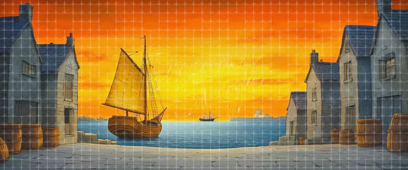 Orange sunset coastal harbor digital theatre background with village houses, wooden barrels, sailboat, and calm sea for seaside musicals, period plays, school theatre, projection, and LED screens.