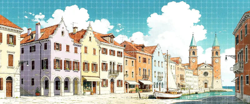 Colorful European canal town digital stage backdrop with pastel waterfront houses, red roofs, twin church towers, cafés, and sailboat for The Merchant of Venice, The Gondoliers, and projection.