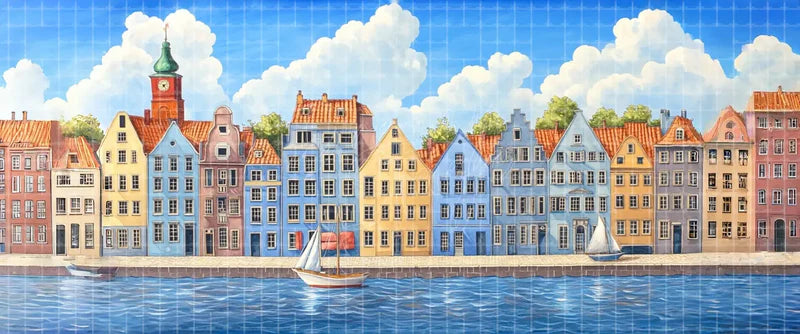 Bright Scandinavian waterfront digital theatre background with colorful gabled houses, red clock tower, sailboats, blue water, and white clouds for Frozen, The Snow Queen, and school theatre.