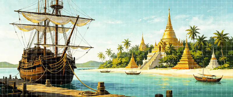 Tropical harbor digital stage backdrop with historic tall ship, turquoise water, golden temple, pagodas, and palm trees for The King and I, The Mikado, travel theatre, projection, and LED screens.