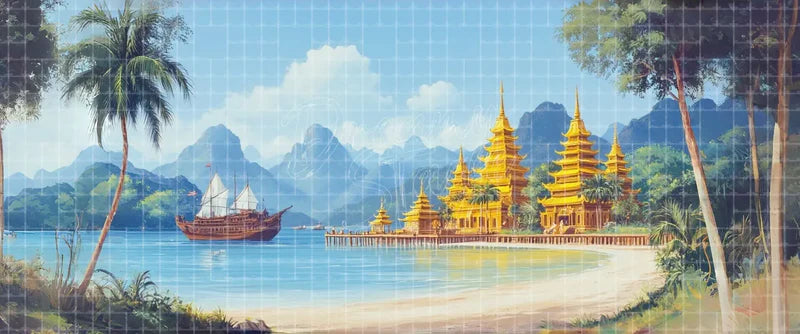 Asian coastal temple digital theatre background with golden pagodas, traditional sailing ship, turquoise bay, palm trees, and mountains for The King and I, The Mikado, school theatre, and projection.