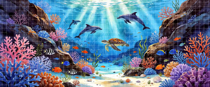 Colorful coral reef digital stage backdrop with dolphins, sea turtle, jellyfish, tropical fish, anchors, shells, sea stars, and bright coral for The Little Mermaid, Finding Nemo Jr., and dance recitals.