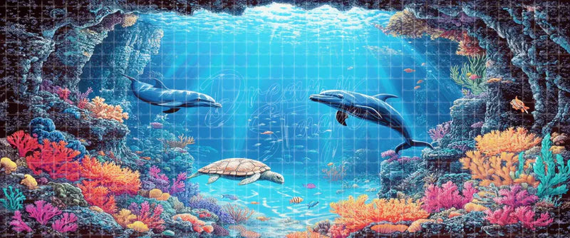 Underwater coral cave digital theatre background with dolphins, sea turtle, tropical fish, sunbeams, dark rocks, and colorful reefs for The Little Mermaid, Finding Nemo Jr., projection, and LED screens.