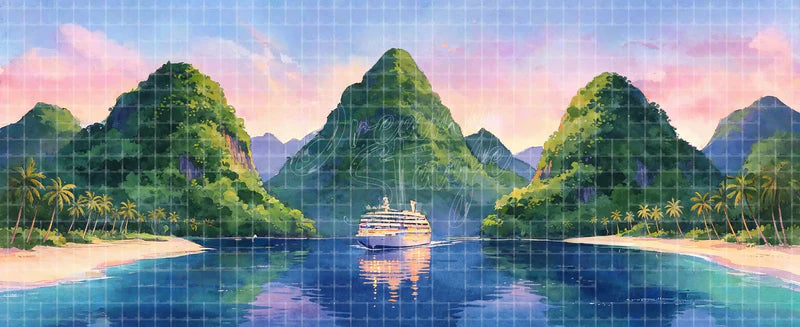 Tropical island lagoon digital stage backdrop with cruise ship, green mountains, palm-lined beaches, calm blue water, and pink sky for South Pacific, Mamma Mia!, Moana, and projection.