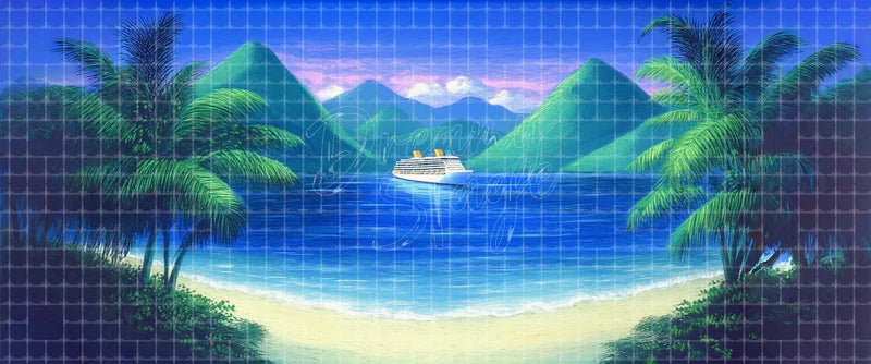Palm-framed tropical beach digital theatre background with cruise ship, deep blue bay, green mountain islands, and sunset tones for South Pacific, Mamma Mia!, Moana, projection, and LED screens.