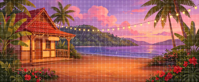 Tropical beach house sunset digital stage backdrop with palm trees, string lights, hibiscus flowers, calm water, and pink-purple sky for Mamma Mia!, Once on This Island, dance recitals, and projection.