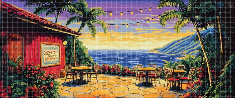 Seaside tropical restaurant terrace digital theatre background with café tables, string lights, palm trees, flowers, and sunset ocean view for Mamma Mia!, The Boy Friend, community theatre, and projection.