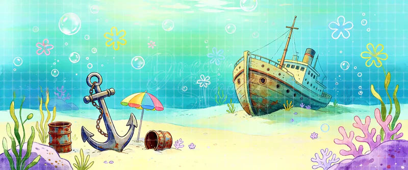 Cartoon underwater shipwreck digital stage backdrop with anchor, rusty barrels, bubbles, sea grass, pastel coral, and sandy seabed for The Little Mermaid, Finding Nemo Jr., children’s theatre, and projection.